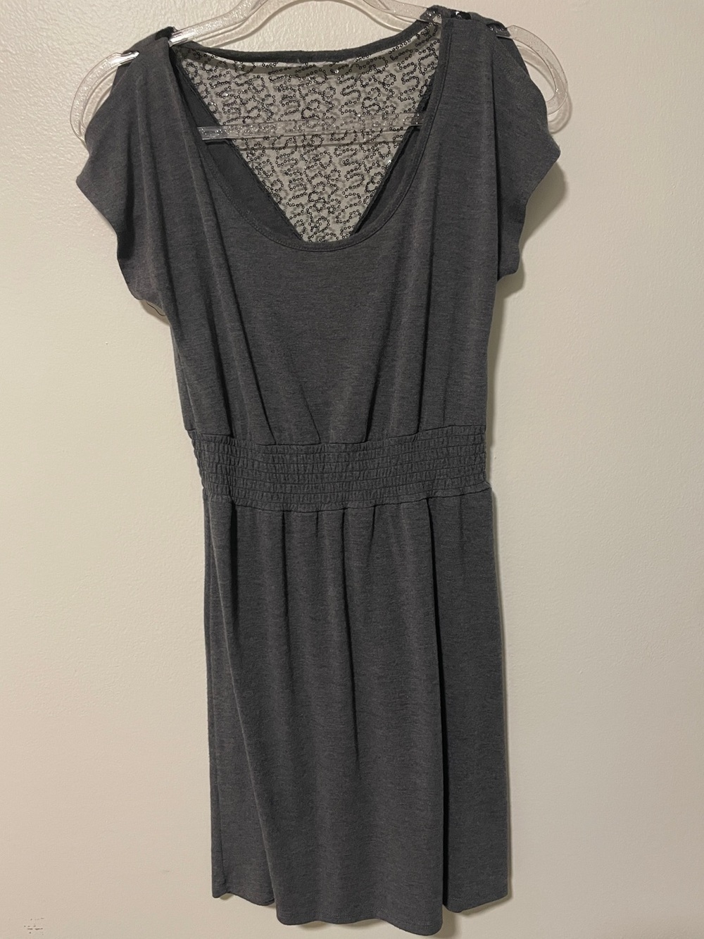 Slit Sleeve Knit Dress Smocked Waist Shimmer Mesh Back Yoke Gray Women’s Small